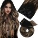 Rallonges À Clips NoBrandHair™ Noir Ombre Brun Foncé avec Blond Foncé Balayage #1b/4/14 Cheveux Naturels 20 pouces 120 grammes