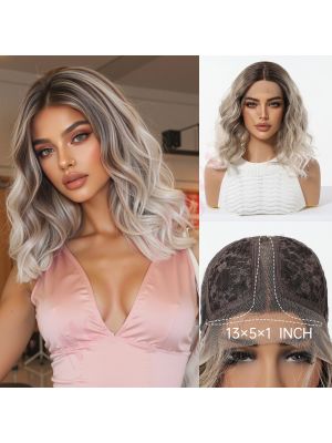 BL33013-3 Brun Cendré avec un Ombré Blond Argenté Perruque Synthétique Bob Coupe Au Carré à Couches Ondulées [VENTE FINALE]