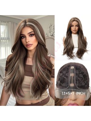 BL66083-1 Brun et Blond Cendré Perruque Synthétique avec Frange Ondulée Styles Tendance [VENTE FINALE]