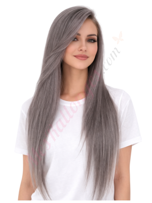 Calliope Gris cendré fumé Perruques En Cheveux Naturels Remy # Gray white (PRÉCOMMANDE, EXPÉDITION EN 4 À 6 SEMAINES)