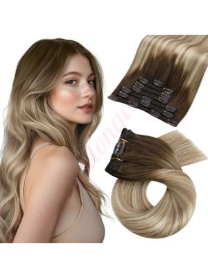 Rallonges À Clips NoBrandHair™ Ombre Brun vers Brun Clair avec Blond Doré Balayage #3/8/22 Cheveux Naturels 20 pouces 120 grammes