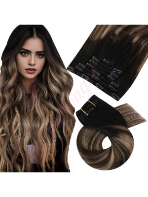 Rallonges À Clips NoBrandHair™ Noir Ombre Brun Foncé avec Blond Foncé Balayage #1b/4/14 Cheveux Naturels 20 pouces 120 grammes
