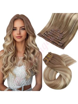 Rallonges À Clips NoBrandHair™ Balayage Brun Clair avec Blond Fraise #8/22/8 Cheveux Naturels 20 pouces 120 grammes