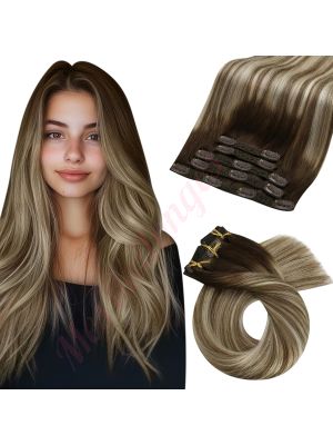 Rallonges À Clips NoBrandHair™ Brun Foncé vers Brun Moyen avec Ombre Blonde #4/6/613 Cheveux Naturels 20 pouces 120 grammes
