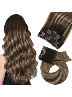 Rallonges À Clips NoBrandHair™ Ombre Brun Foncé avec Blond Fraise Balayage #4/27/4 Cheveux Naturels 20 pouces 120 grammes