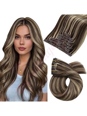 Rallonges À Clips NoBrandHair™ Brun Foncé avec Blond Caramel #4/27 Cheveux Naturels 20 pouces 120 grammes