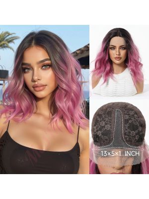 BL33017-1 Racines Noires avec un Ombré Rose Perruque Synthétique Bob Coupe Au Carré à Couches [VENTE FINALE]